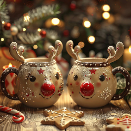 Christmas decoration with cup of hot drink and gingerbread cookies on wooden backgroundの素材