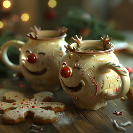 Christmas cookies and cup of hot chocolate on wooden table, closeupの素材