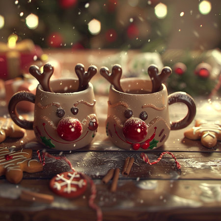 Cup of hot drink with christmas decoration on wooden table.の素材