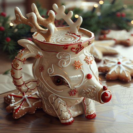 Christmas decoration with deer and gingerbread cookies on wooden table, closeupの素材