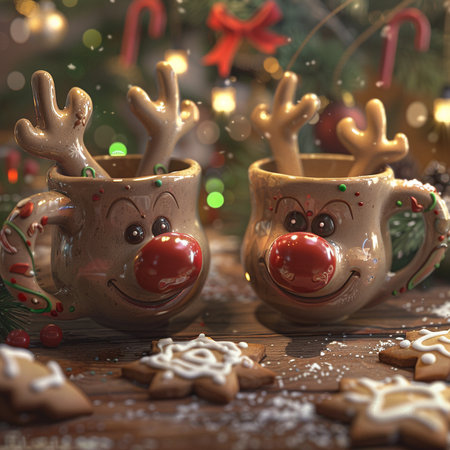Christmas still life with cup of hot chocolate, gingerbread, reindeer and cookiesの素材