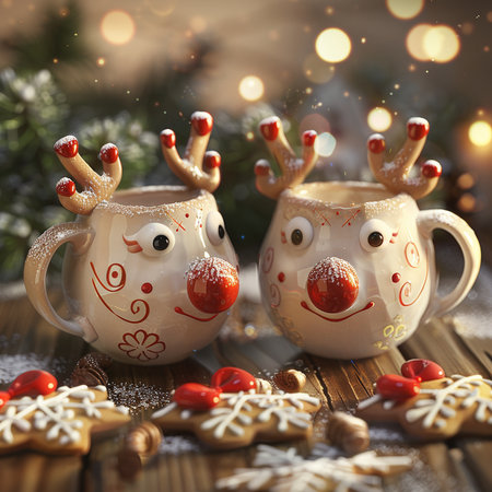 Christmas and New Year composition with two cups of hot chocolate with reindeer.の素材