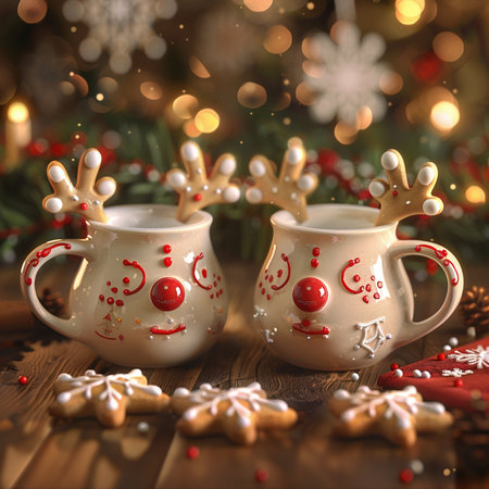 Christmas and New Year composition with two cups of hot cocoa with reindeer and gingerbread cookies on wooden background.の素材