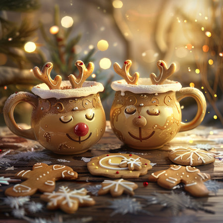 Christmas cookies in the form of a deer and snowflakes on a wooden backgroundの素材