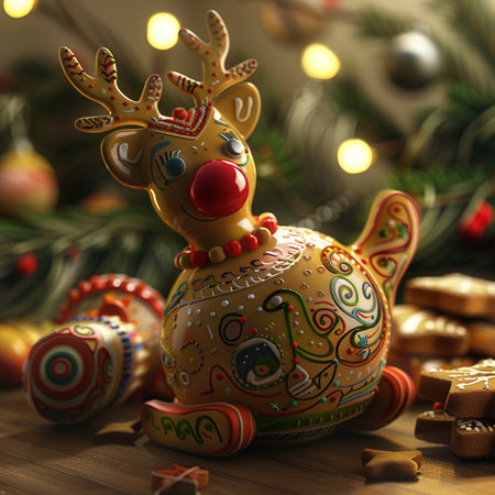 Christmas decoration with reindeer and baubles on wooden tableの素材