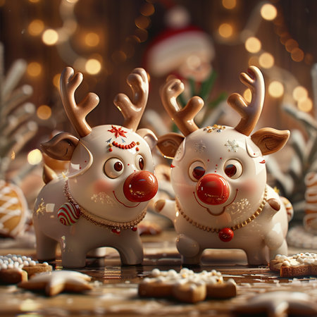 Christmas decoration with reindeer and gingerbread cookies on wooden backgroundの素材
