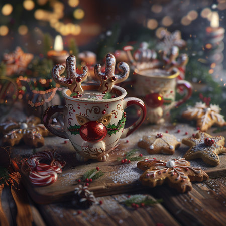 Christmas background with cup of hot drink and gingerbread cookies on wooden tableの素材