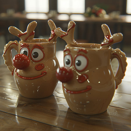 Ceramic mugs with reindeer ornaments on wooden tableの素材