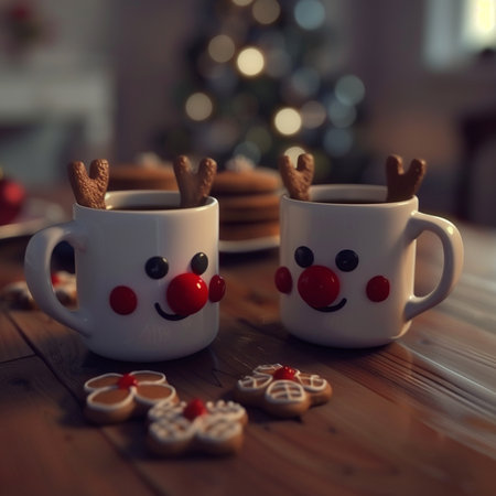 Cup of coffee with reindeer cookies on christmas backgroundの素材