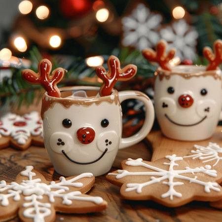 Christmas cookies and cup of hot chocolate with marshmallows on wooden backgroundの素材