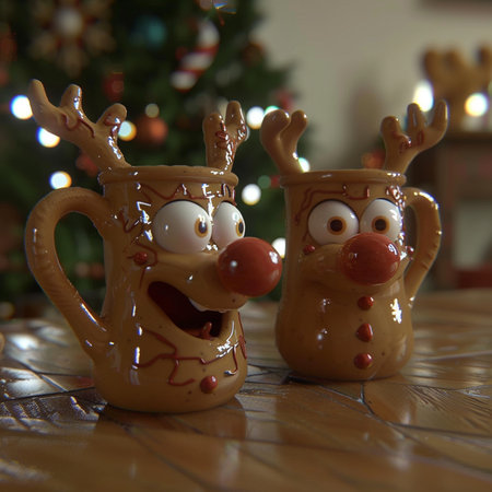 Christmas mug with reindeer and snowman on the background of the Christmas treeの素材