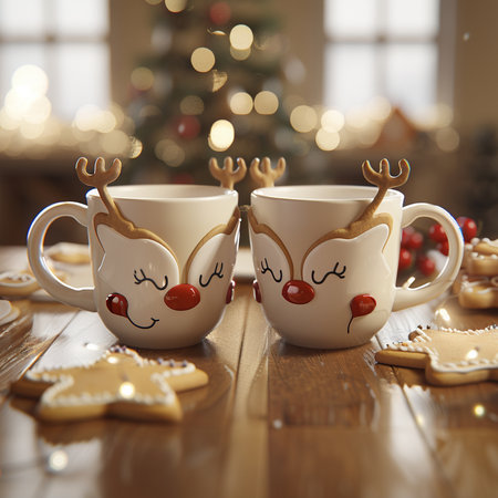 Cups of hot drink on wooden table with christmas tree in backgroundの素材