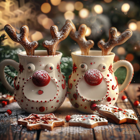 Christmas and New Year background with two cups of hot chocolate with reindeer cookies.の素材