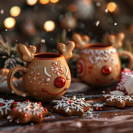 Christmas gingerbread cookies and cup of hot chocolate on wooden background.の素材