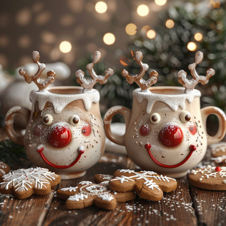 Cup of hot chocolate with funny reindeer and gingerbread cookies on wooden tableの素材