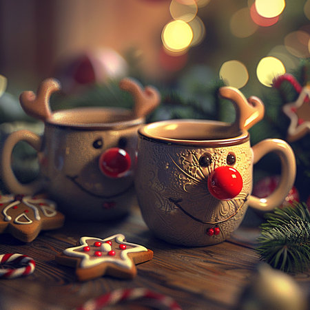 Two cups of tea with christmas decorations on a wooden table.の素材