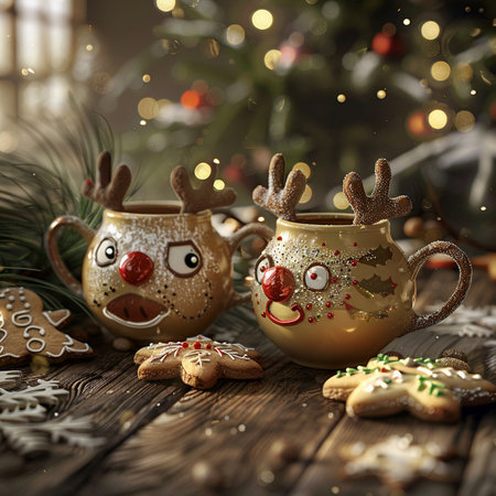 Christmas cookies and cup of hot drink with reindeer on wooden backgroundの素材