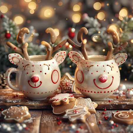 Christmas composition with reindeer and gingerbread cookies. Festive decoration on wooden background.の素材