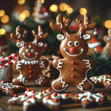Christmas gingerbread cookies on a wooden table with Christmas decorations and bokehの素材