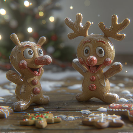 Christmas reindeer and gingerbread cookies on a wooden background with Christmas treeの素材
