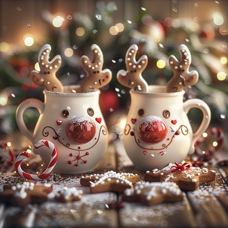 Cups of hot chocolate with christmas decoration on wooden background.の素材