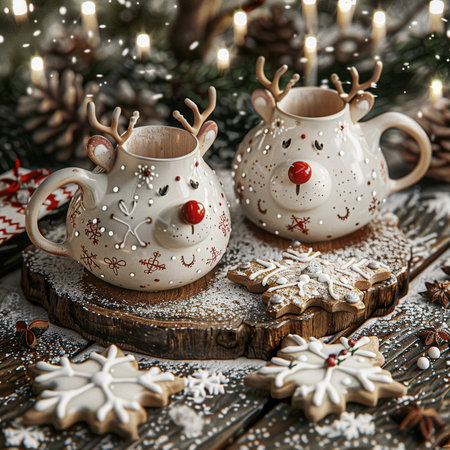 Christmas still life with christmas tree and gingerbread cookies on wooden backgroundの素材