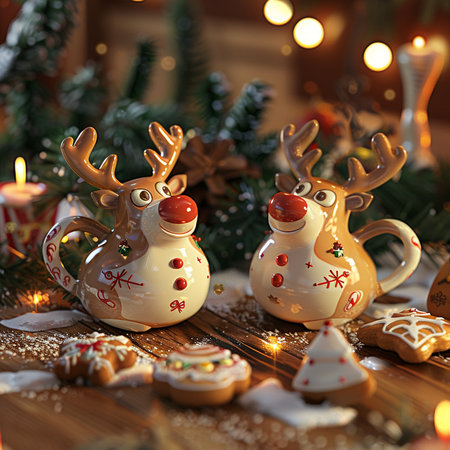 Christmas gingerbread cookies and reindeer on wooden background with bokehの素材