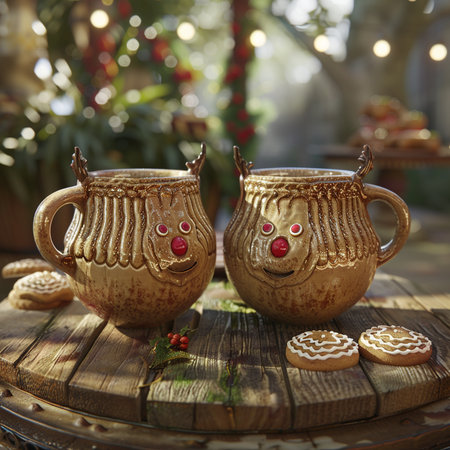 Ceramic cup of coffee and cookies with red eyes on a wooden tableの素材