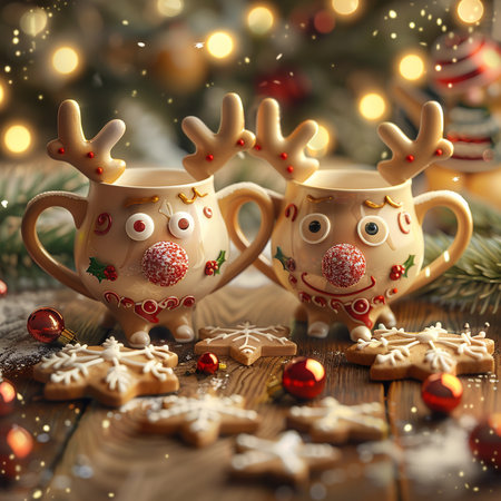 Christmas and New Year background with two cups of hot chocolate with funny reindeer and gingerbread cookiesの素材