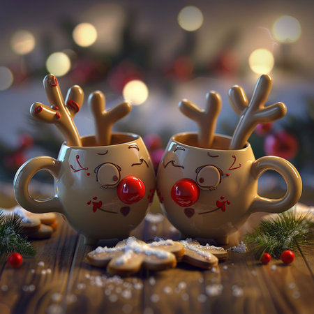 Two cups of coffee or tea with funny reindeer faces on wooden background with Christmas decoration.の素材