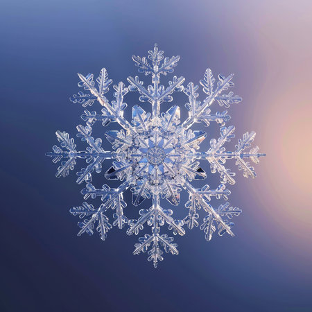 Beautiful snowflake on a blue background. Close-up.の素材