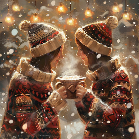 Two beautiful young women in warm winter clothes holding a cup of hot chocolate.の素材
