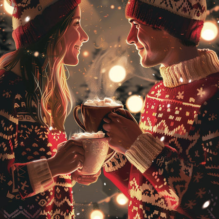 Couple in love holding cups of hot chocolate. Christmas and New Year concept.の素材