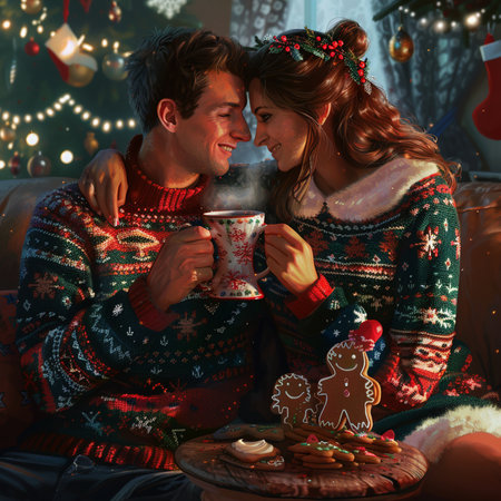 Happy couple in Christmas sweaters drinking tea and eating cookies on the sofa at homeの素材
