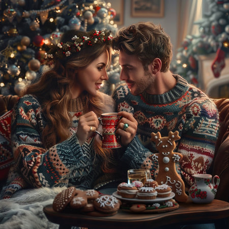 Beautiful young couple in Christmas sweaters are drinking tea and eating cookies.の素材