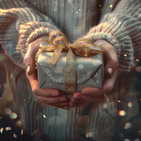 Female hands hold a silver gift box with a gold ribbon on a bokeh background.の素材