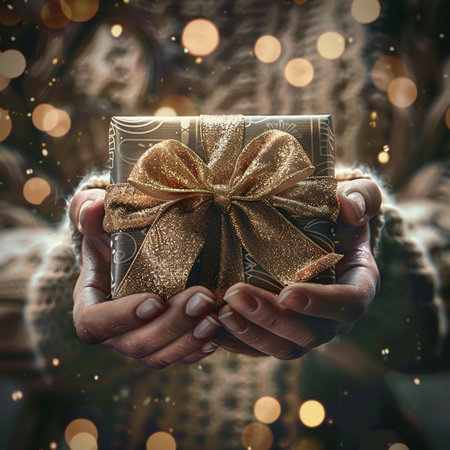 Female hands holding a gift box with golden bow on bokeh backgroundの素材