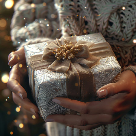 Female hands holding a gift box with a golden bow. Christmas backgroundの素材