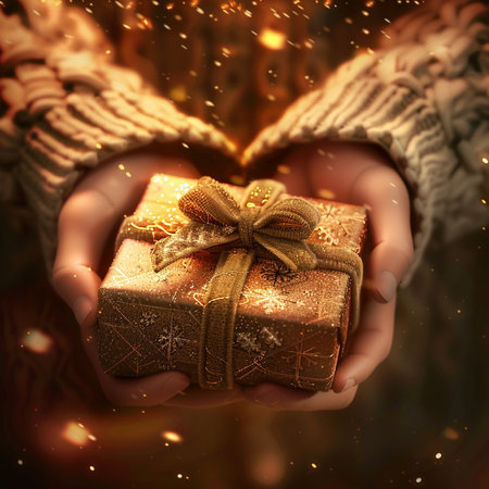 Hands holding christmas gift box on golden bokeh backgroundの素材