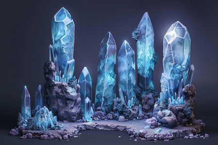 3d illustration of a fantasy landscape with crystal stones and blue crystalsの素材