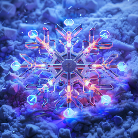 3d illustration of snowflake with neon lights in the snow backgroundの素材