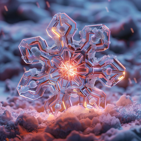 Snowflake in the snow. 3D illustrations. 3D rendering.の素材