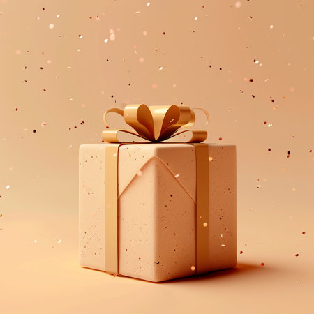 Gift box with golden bow and confetti. 3d illustrationの素材
