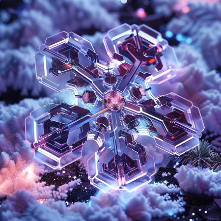 Futuristic abstract 3d illustration of a snowflake on a background of snowの素材