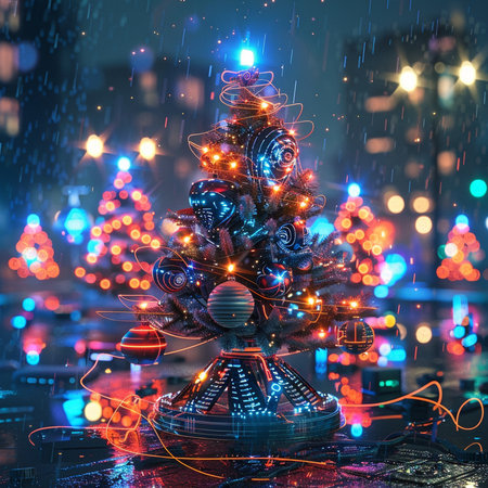 Christmas tree in the rain. Christmas and New Year holidays background.の素材