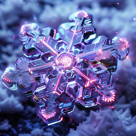 3d rendering of snowflakes in blue and pink neon lightの素材