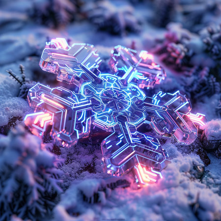 Snowflake with blue and pink neon lights in the winter forest.の素材