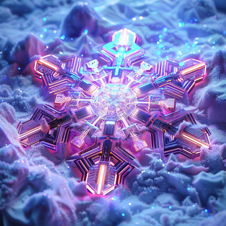 3d illustration of abstract geometric composition with neon lights and snowflakesの素材