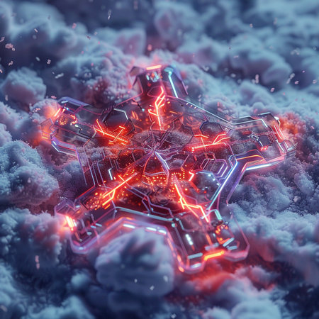 3d illustration of abstract background with neon lights and snowflakesの素材