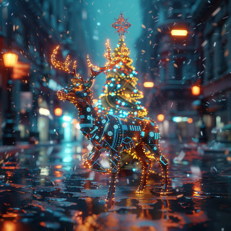 Christmas reindeer on a city street at night. 3d renderingの素材